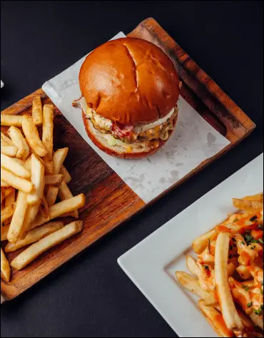 Gourmet burger served with crispy fries
